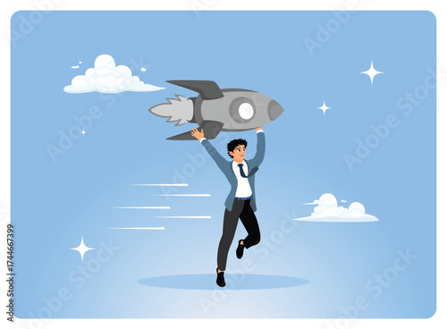 Startup business owners launch ventures towards success.