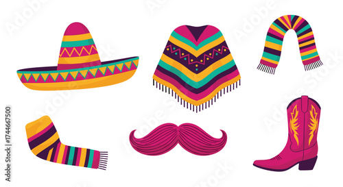 A collection of colorful traditional Mexican festive attire and accessories.