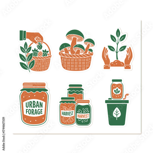 This vibrant collection of flat design illustrations depicts sustainable living, showcasing urban foraging, bountiful harvests, and eco-friendly food preservation.