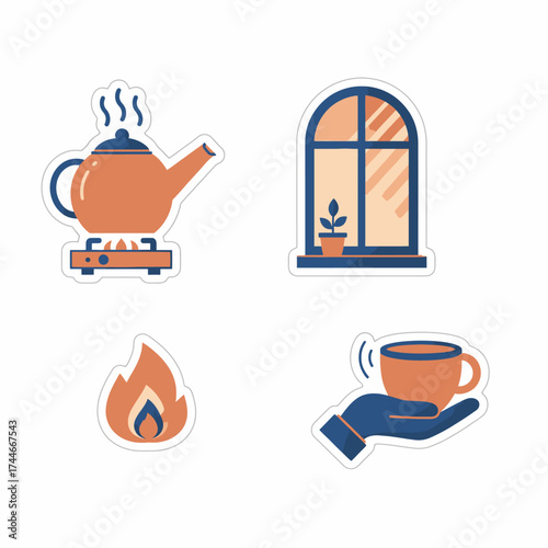 A collection of cozy home comfort icons featuring a steaming teapot, a warm window view, a gentle flame, and a comforting hot beverage.