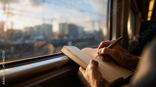 A man sits by the window of a train, writing in his travel journal. The cityscape outside appears blurred as the train moves, capturing a moment of reflection and creativity