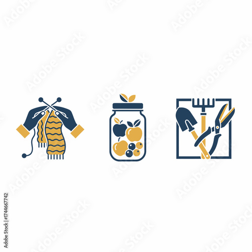 A charming set of graphic icons showcasing popular home-based leisure activities such as knitting, fruit preservation, and essential gardening tasks.