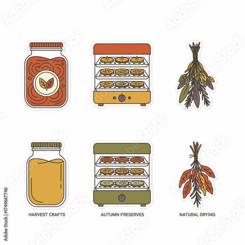 This vibrant graphic collection illustrates essential autumn food preservation techniques, including canning, dehydrating, and natural drying for homemade crafts.