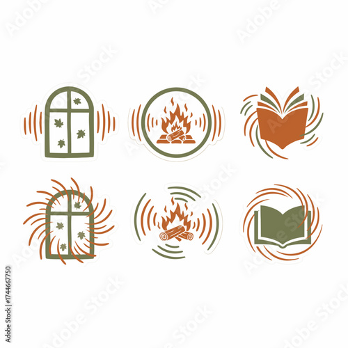 Six elegant icons capture the serene spirit of autumn, illustrating a window with falling leaves, a comforting fireplace, and an engaging open book.