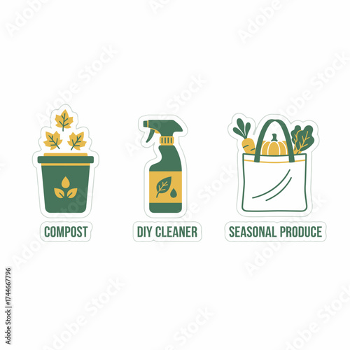 Illustrative icons depicting sustainable living practices like composting, DIY cleaning solutions, and purchasing fresh seasonal produce for an eco-conscious lifestyle.
