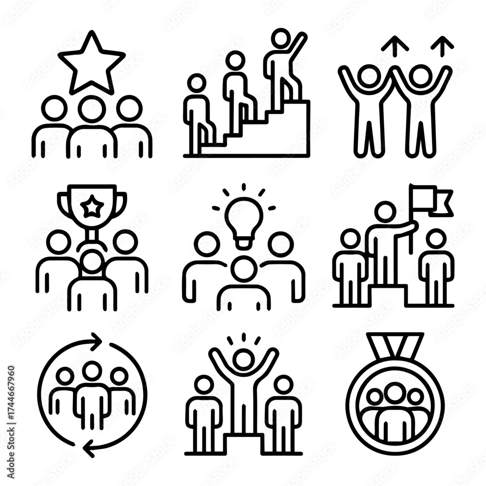 Fototapeta premium Simple Black Line Art Icons Depicting Teamwork and Success.