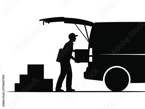 Black silhouette of delivery person loading packages into van delivery driver