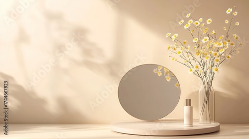 Beige aesthetic display with flowers and mirror, showcasing a product