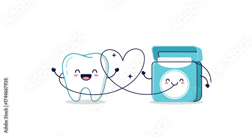 A happy tooth and dental floss dance together showing their love for oral hygiene.