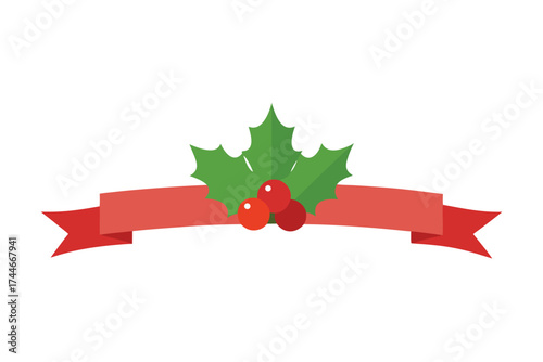 Festive Christmas Holly Berries and Red Ribbon Banner Design Element Decoration