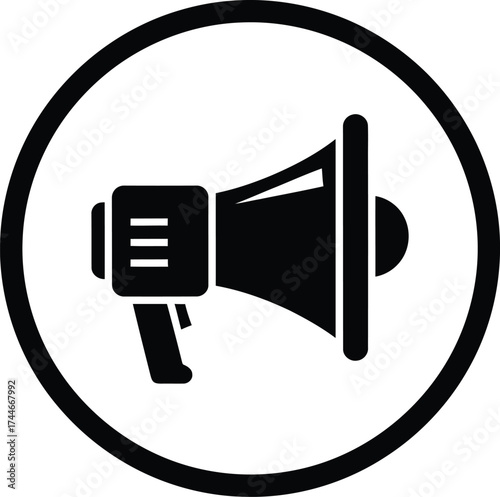 Black silhouette icon of a megaphone inside a circular border on a white background