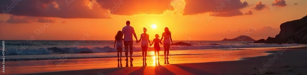 Fototapeta premium Family Silhouette at Sunset Beach A Heartwarming Scene of Togetherness