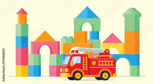 A bright red toy fire truck drives past colorful building blocks.