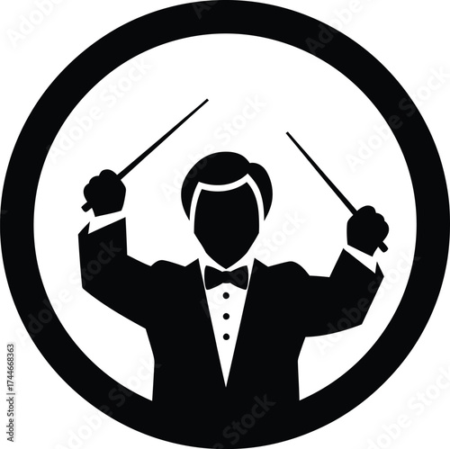 Black silhouette of a conductor in a tuxedo leading an orchestra with two batons inside a circle