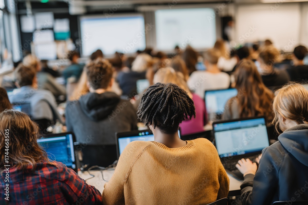 Fototapeta premium Rear view of students using laptops in classroom during a lecture, engaged in learning and technology use. Concept for collaborative education, technology in learning and student engagement