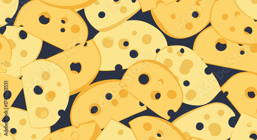A whimsical pattern of yellow cheese slices with dark holes on a dark blue background.