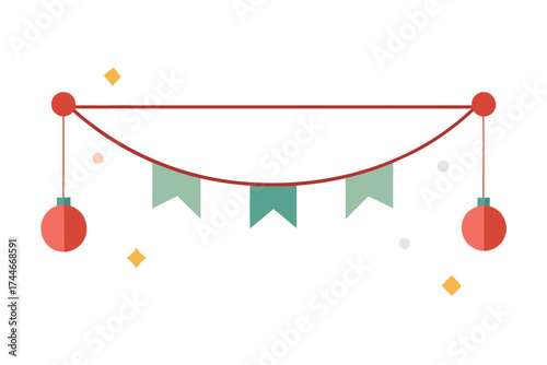 Festive geometric Christmas ornament with banners and hanging red baubles decoration