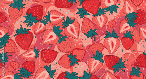 A vibrant and cheerful pattern featuring a delightful arrangement of fresh ripe strawberries in various stages of ripeness and cuts.