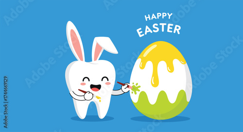 A cheerful tooth with bunny ears paints a colorful Easter egg happy easter.