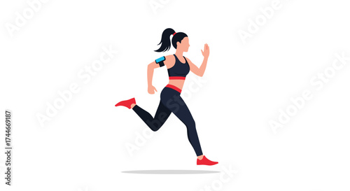 A woman in athletic wear running with an arm band on her left arm.