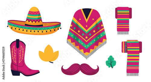 Traditional Mexican culture elements and symbols represented in a festive illustration.