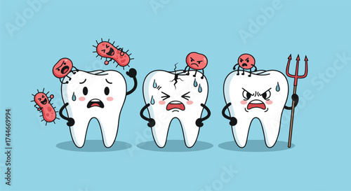 Cartoon representation of teeth fighting off bacteria and germs illustrating dental health and hygiene.