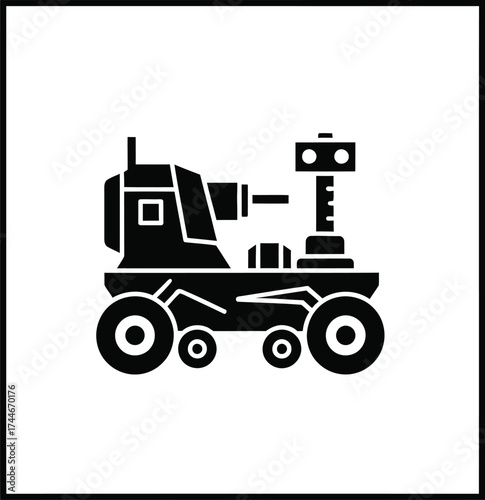 Black silhouette of a wheeled robotic exploration vehicle with a camera and robotic arm inside a square frame