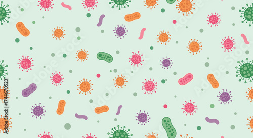 A colorful and patterned background of various microorganisms and microbes.
