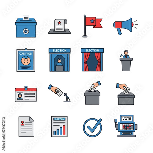 Election and Voting Icons Representing Democracy and Political Processes.