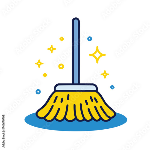 Flat vector illustration of a yellow mop on blue floor with shiny sparkles, representing cleaning, sanitation, and household chores concepts.