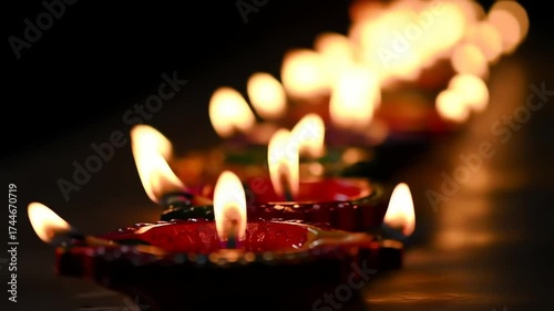 Naraka Chaturdashi : Cinematic Close-Up of Flickering Diwali Diya Oil Lamps Glowing Brightly in the Dark