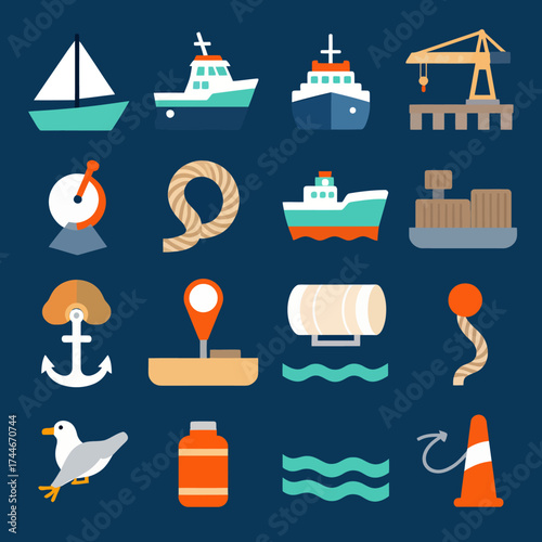 Nautical adventure awaits with these charming maritime icons, perfect for branding, educational materials, or creating a playful nautical theme

