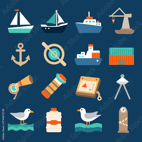 Nautical adventures await with this charming collection of ships, anchors, and coastal icons for a vibrant maritime design, perfect for travel themes
