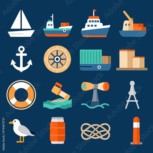 Explore the vibrant world of sailing and maritime adventures with this charming collection of nautical icons for your designs and creative projects
