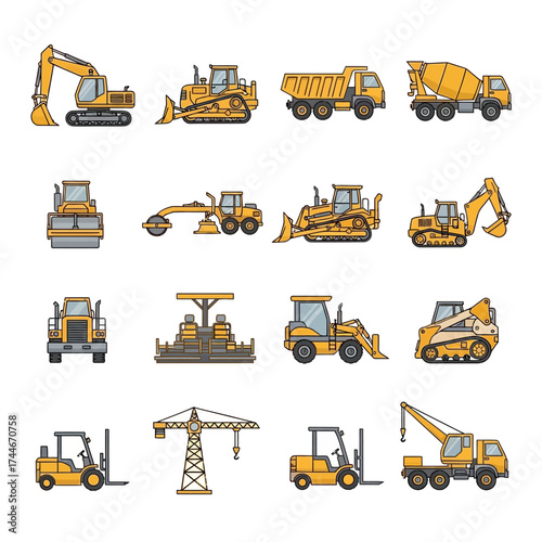 Colorful Collection of Industrial Construction Equipment Illustrations.