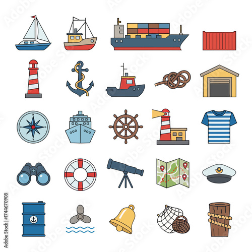 Nautical adventures await with this vibrant collection of sailing icons, perfect for crafting fun designs with a maritime theme and seaside holiday spirit
