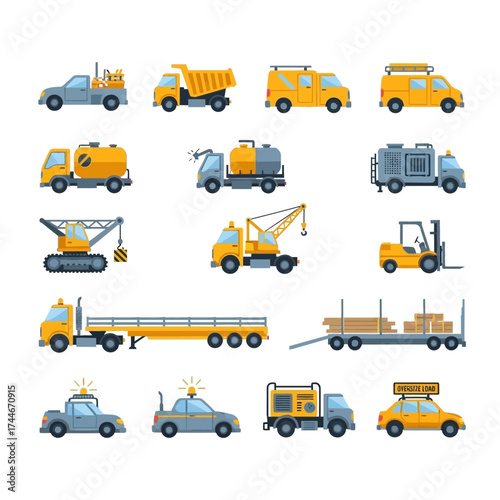Flat Design Collection of Construction and Service Trucks.