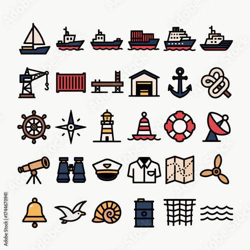 Explore a vibrant maritime adventure with this collection of nautical icons, perfect for seafaring designs and ocean-themed projects with a modern touch
