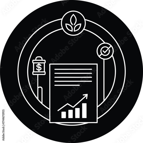 Circular icon representing sustainable tax incentives with financial growth chart and plant symbol