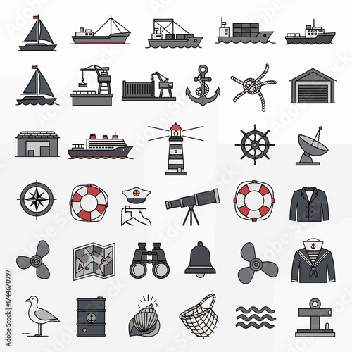 Nautical adventure awaits with this collection of maritime icons featuring ships, lighthouses, and seafaring essentials for your next creative project
