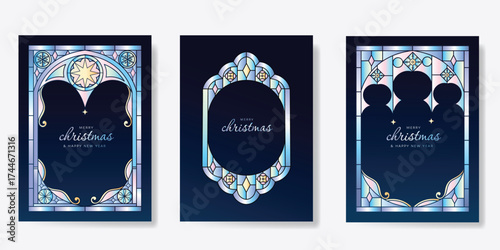 Christmas and Happy Holidays card vector set. Glasswork decorative, gothic stained glass and christmas ornament on navy blue background. Design illustration for poster, cover, product, ads.