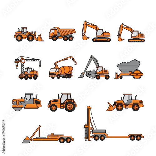 Collection of Construction Vehicles and Heavy Machinery Illustrations.