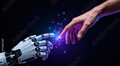 Human Hand Touching Robot Hand. Concept of Artificial Intelligence (AI) and Digital Connection between Humanity and Technology.