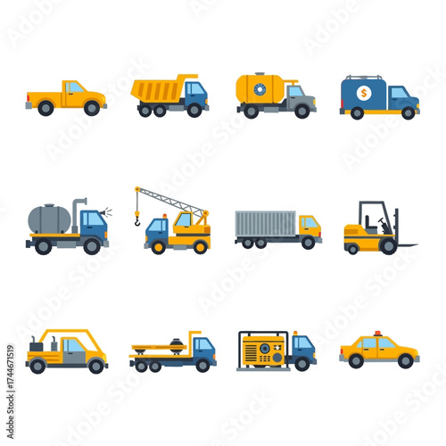 Collection of Cartoon Transportation Vehicles - Trucks, Crane, Forklift, and More.