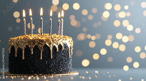 Elegant black and gold birthday cake, with lit candles creating festive and cheerful ambiance, perfect for celebrating special occasion