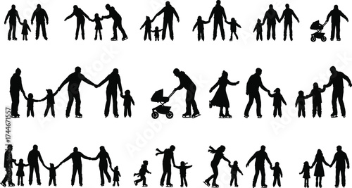 Winter family ice skating silhouettes, parents with children, outdoor fun, winter sport, holiday recreation, family bonding, skating together, flat vector