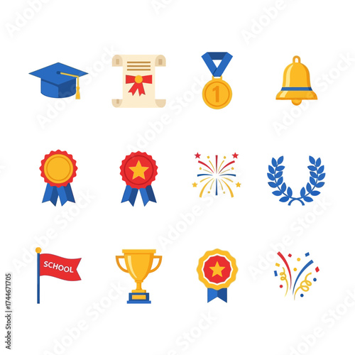 Academic achievement symbols and icons for education and graduation.