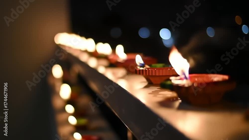 Naraka Chaturdashi : Dynamic Focus Pull Along a Glowing Row of Traditional Diwali Diya Lamps Flickering at Night
