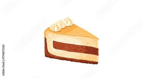 A delicious slice of cheesecake with layers of chocolate and vanilla cream on a crunchy graham cracker crust.