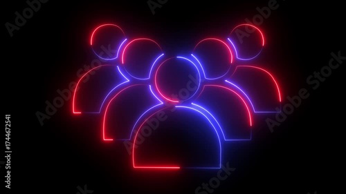 Group of stylized human figures outlined in glowing neon red and blue lights against a dark background